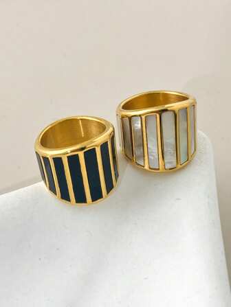 1pc Fashionable Classic Micro Luxury Design Accessory Stainless Steel Gold-Plated Mother Of Pearl Stripe Wide Ring, Suitable For Women Daily Wear Or Festival Gift