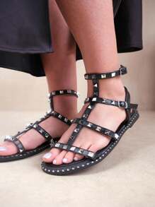 Where’s That From Natalia Studded Gladiator Sandals In Faux Leather. - Black PU - View 4