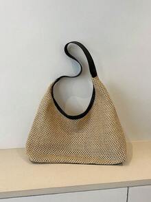 2026夏季新款手工编织草编包，复古百搭大容量单肩手提包/篮包，女士款 - 黑色 - 查看 6