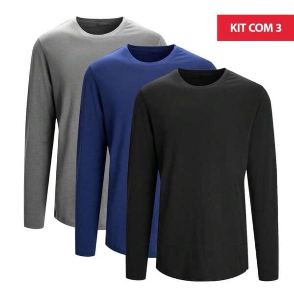 Kit 3 Camisetas Masculinas Manga longa Poliéster básicas frio treino academia Moda masculina PRETO/AZUL/CINZA
