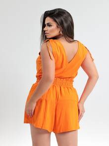 Women's Set Of Blouse And Shorts With Comfortable Tie, Perfect For Summer - trái cam - Xem 2