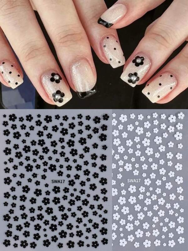 2 Sheets Simple Nail Stickers Black White Flower Self Adhesive Decals Daisy Floral Elegant Nail Sliders For Nail Art Decoration Manicure Accessories DIY