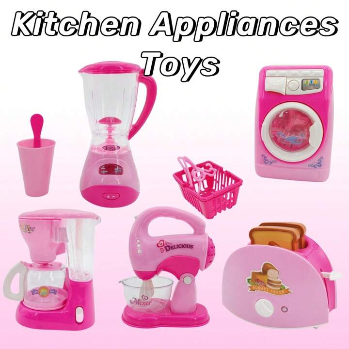 1 Set Mini Children s Kitchen Toys Pink Electric Coffee Maker Blender Juicer Toaster Kitchen Appliances Cooking Playset With Realistic Light And