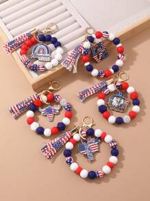 1 件时尚腕带钥匙扣，带硅胶珠，图案有美国国旗、红白蓝木鹰、爱心、自由女神像、彩虹、牛头、西部风格、人造皮革流苏，实用防丢，适合作为独立日礼物送给最好的朋友和情侣汽车配件包饰 - 彩色 - 查看 1