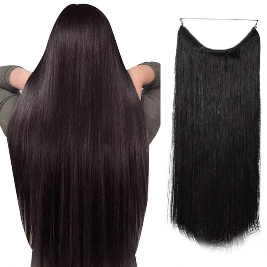 Wire Hair Extensions Hair Extensions, Invisible Wire Fish Line Hair Extensions, Synthetic Long No Clip Wave Hair Extensions One Piece False Hairpiece Fish Line Wig Piece For Women - Natural Black - View 1