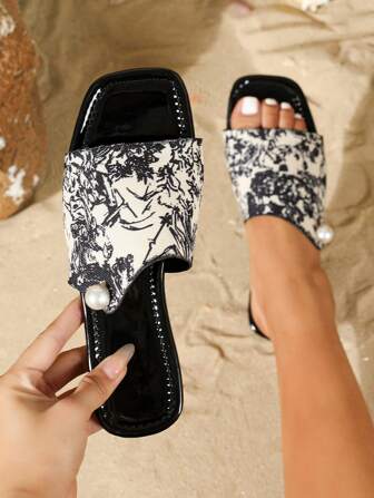 Women's Fashion Printed Faux Pearl Flat Sandals