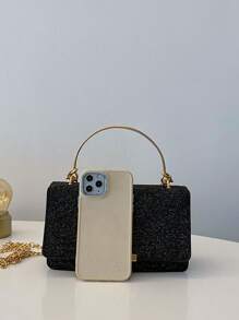 女士晚宴派對金屬手拿包，閃亮鏈條小方包 - 黑色 - 查看 5