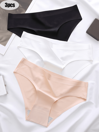 3 piezas Pantis de bikini de unicolor de modal sin costuras para mujeres, ropa interior de media altura minimalista y transpirable