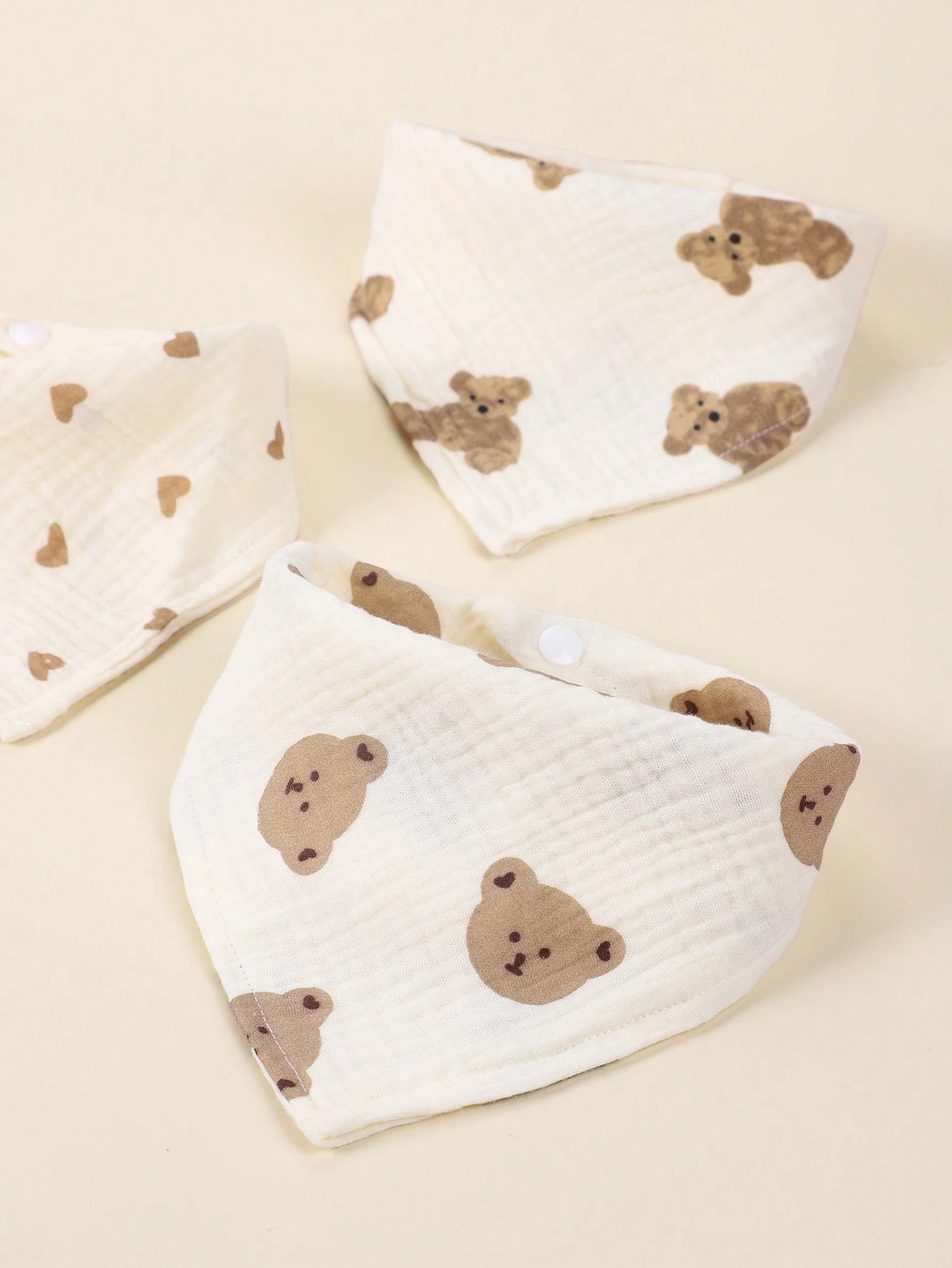 3pcs Baby Toddler Soft Breathable Cute Bear & Heart Printed Bandana Bibs, Multi-Function