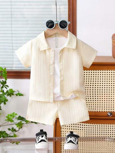 Young Boy Summer Fashionable Short Sleeve Shirt And Shorts Set, Apricot