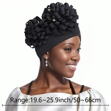 Turbantes para damas con dos flores grandes, trabajo pesado, tachuelas y cristales; de moda, relajantes, cómodos, transpirables, perfectos para uso diario en casa o al aire libre. Gorro de pelo, turbante de gorro - A - Ver 5