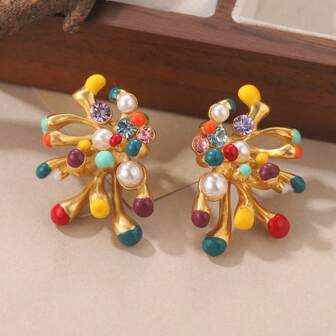 1pair Copper Dipped In 18k & 925 Silver Needle Colorful Flower Stamen Stud Earrings, Women Accessories For Date Or Party Gift Valentines,Mom,Mother,Mother's Day,Gift