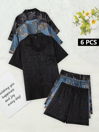 6入組舒適男士睡衣套裝，冰絲面料製成，時尚印花，適用於夏季