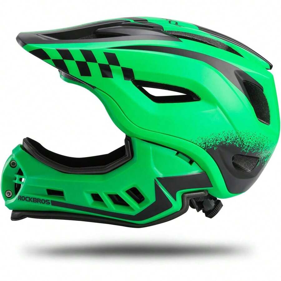 ROCKBROS Casco Descenso Bicicleta Infantil Casco Infantil Integral S 48-53cm M 53-58cm Niño Niña con Barbilla Extraíble para MTB BMX EPS/PC A Prueba de Golpes - Verde - Ver 1