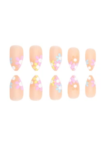 24 uñas postizas con diseño de flores en colores almendrados, juego de uñas de imitación con herramientas de arte de uñas para mujeres, manicura de salón y bricolaje - Multicolor - Ver 2