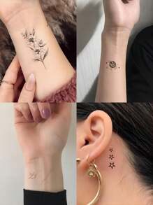 20 Sheets Cute Temporary Tattoos Stickers Featuring Small Black Designs Including Stars, Moons, Feathers, Birds, And Flowers, Waterproof And Scratch Resistant
