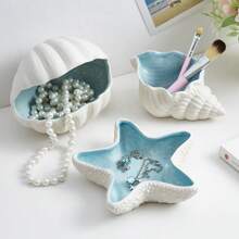 NJCHARMS 1pc Ceramic Conch Starfish River Clams Tray, Blue Creative Storage Bowl Trinket Tray, Jewelry Organizer Dish Bracelet Earrings Necklace Storage Candy Container For Entryway Table Birthday Home Party Decor Back To School
