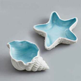 NJCHARMS 1pc Ceramic Conch Starfish River Clams Tray, Blue Creative Storage Bowl Trinket Tray, Jewelry Organizer Dish Bracelet Earrings Necklace Storage Candy Container For Entryway Table Birthday Home Party Decor Back To School