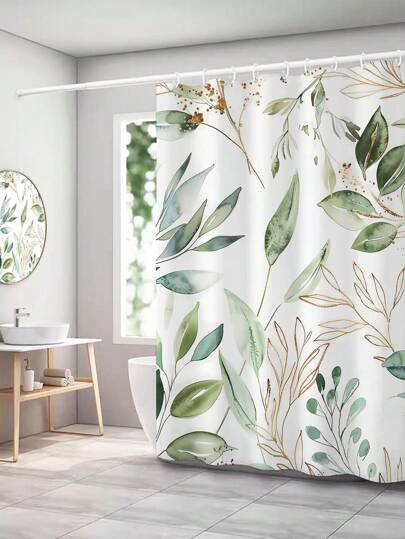 1pc Modern Fresh Style Gradient Color Green & Gold Plant Printed Waterproof Polyester Bathroom Shower Curtain, Mildew Resistant Without Punching Home Bathroom Decor Fall Decor Bathroom Accessories Back To School