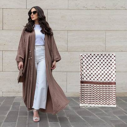 2pcs/Set Women Elegant Solid Color Fashion Batwing Sleeve Long Blouse With Pearl Button, 1pc Plaid Printed Scarf, Suitable For Daily Wear