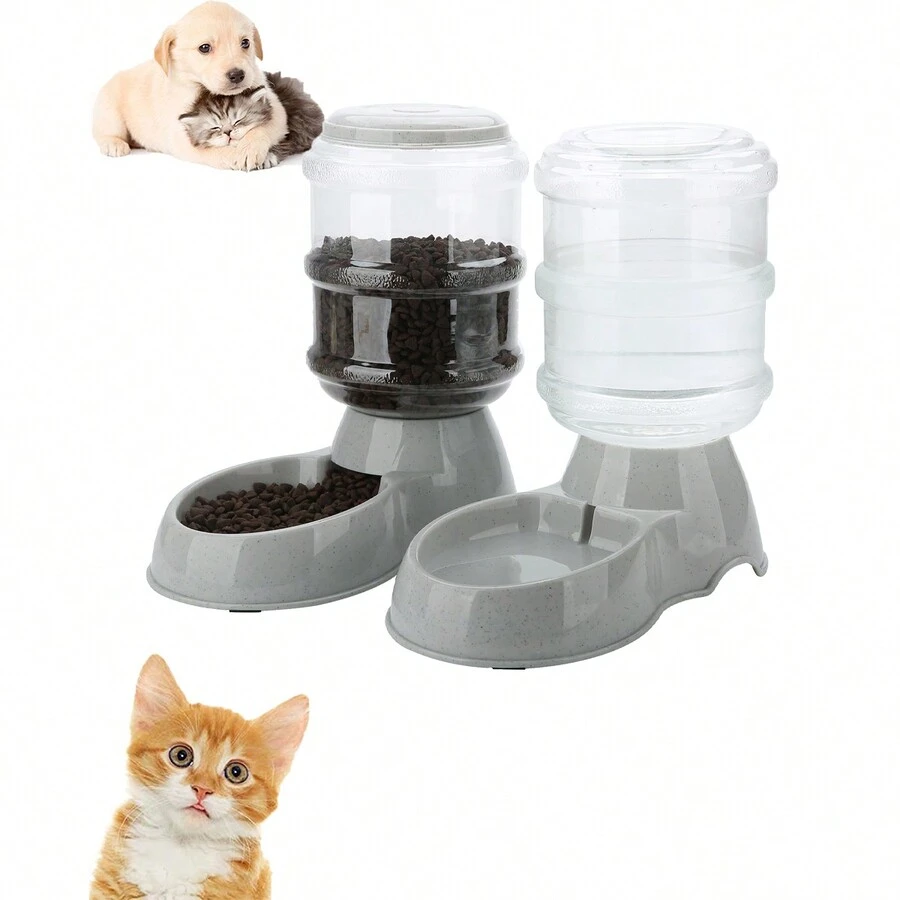 2pcs Automatic Pet Feeder & Water Dispenser, Gravity Pet Feeding Station, For Small & Medium Pets, 3.8l(grey) - Grey - View 1