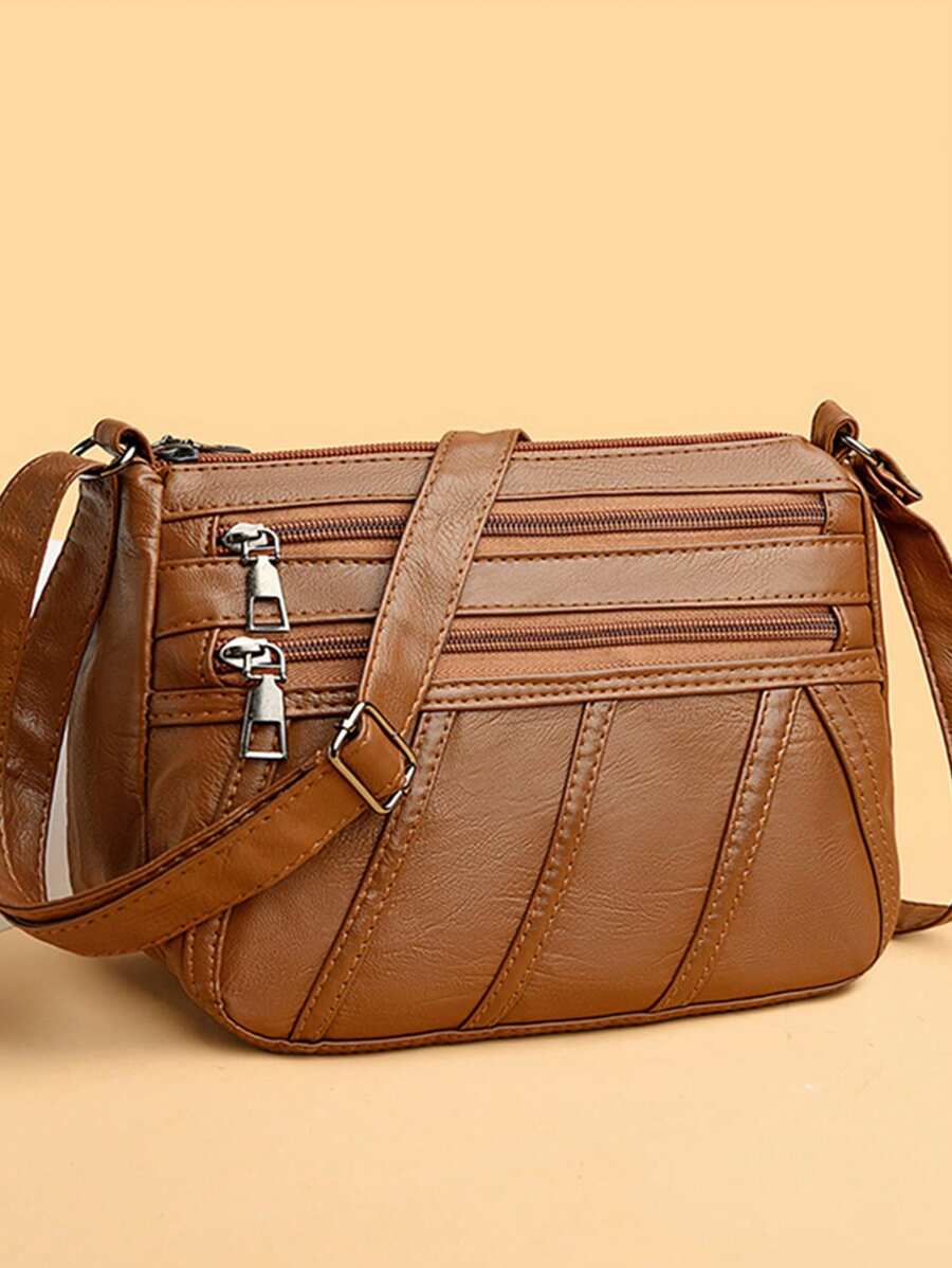 女士 PU 斜挎复古妈妈款多口袋大容量可调节肩带斜挎包，复古风女式复古包 - 棕色 - 查看 1