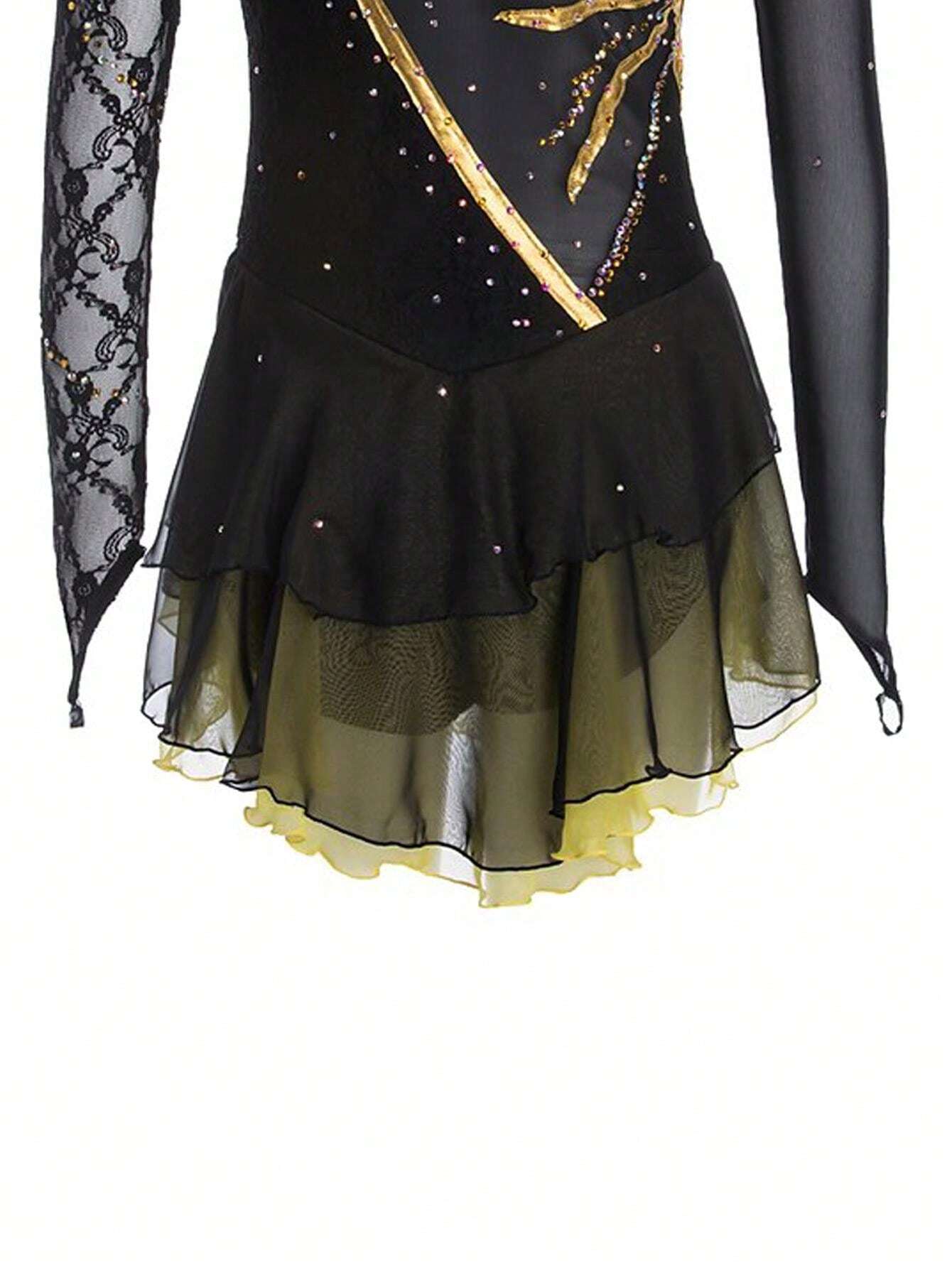 Artistic Gymnastics Dress Black Long Sleeve Lace High Neck Figure