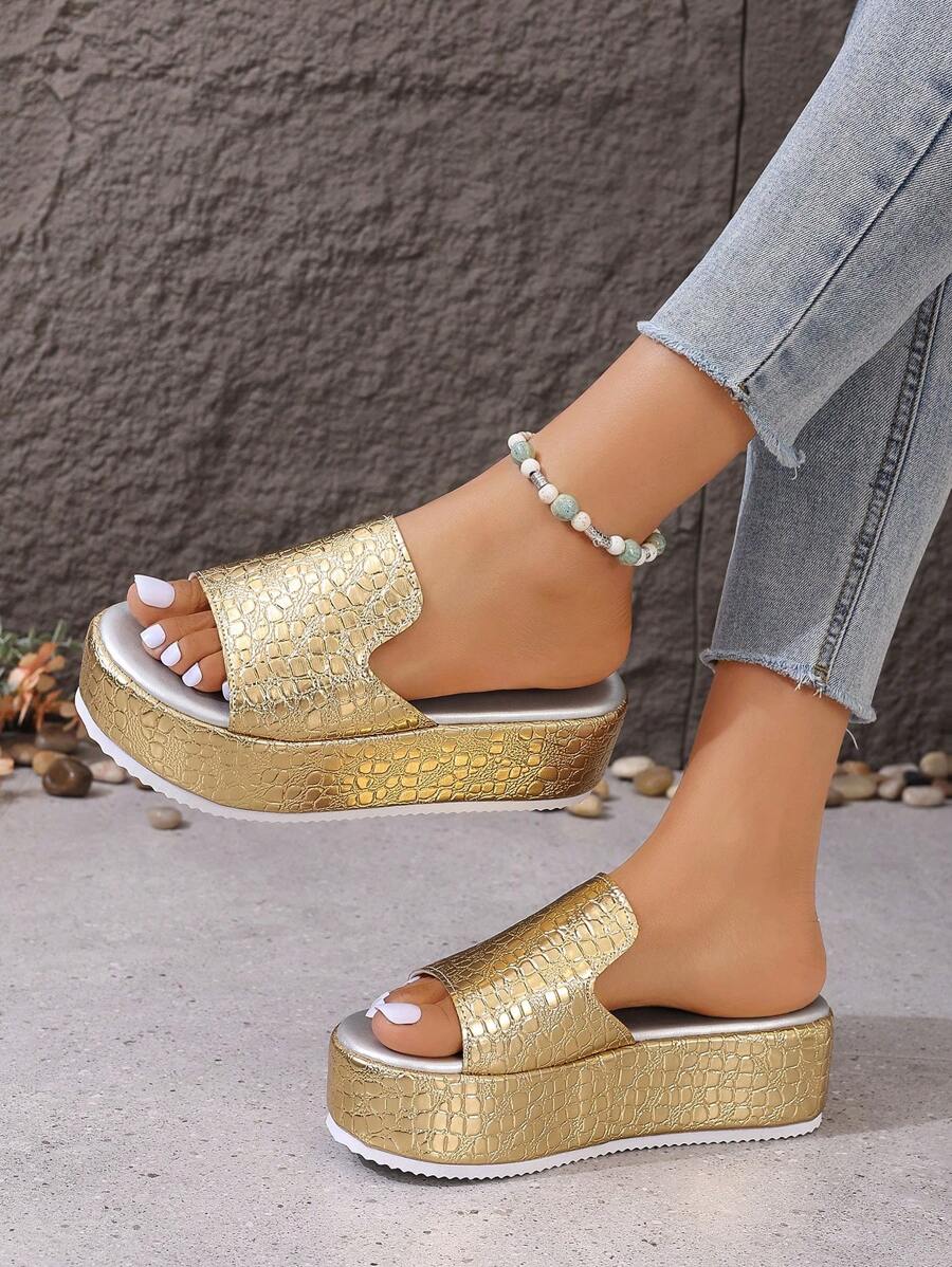 Sandalias de cuña doradas para mujer con suela gruesa y elegante para actividades al aire libre - Dorado - Ver 1