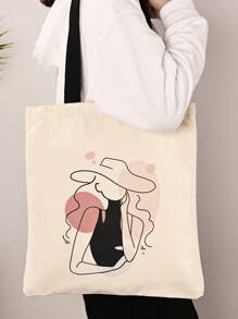 Fashion Cartoon Drawing School Style Shoulder Tote Bag For Girls, Medium Size - Beige - View 1
