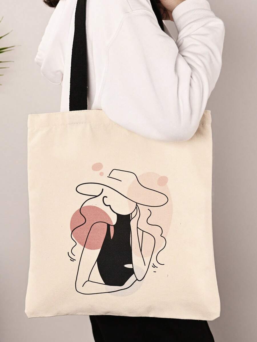 Fashion Cartoon Drawing School Style Shoulder Tote Bag For Girls, Medium Size - Beige - View 1