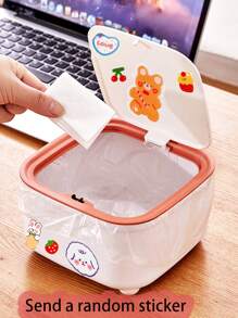 1pc Press-type Creative & Adorable Desktop Trash Can With Lid & Random Sticker For Home And Office Use - White - View 14