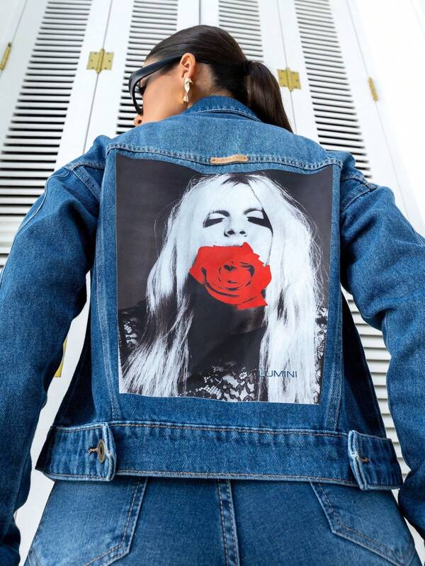 Jaqueta Jeans Over Feminina Flor Estampada 100% Algodão