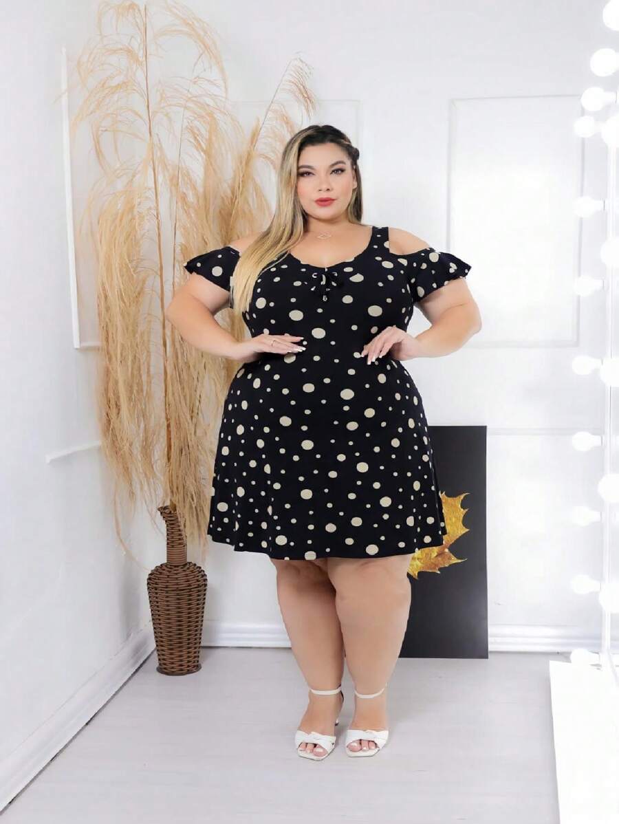 Plus Size Dresses - Black Polka Dot - View 1