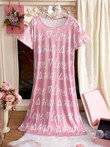 女士可愛的水洗染打印休閒圓領貼身連衣裙，修身顯瘦，裙裝 - 粉色 - 查看 3