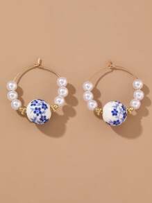 1 Pair Vintage Handpainted Blue And White Porcelain Beaded Earrings, Elegant Dangle Earrings For Women