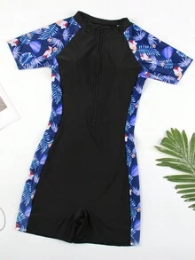 Leisure And Fashionable Tropical Print Splicing One-Piece Swimsuit Summer