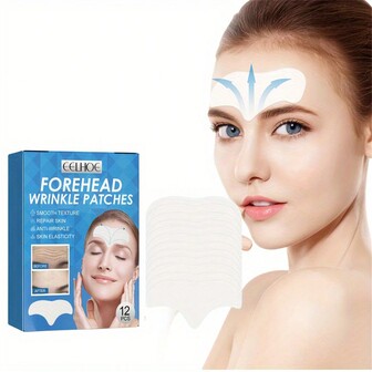 額頭皺紋貼片12包，額頭皺紋貼片，加蘆薈、膠原蛋白、維生素 E，有效對抗額頭皺紋，適用於面部皺紋和額頭皺紋貼片