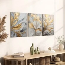 3pcs/Set Luxury Canvas Print Posters, Golden And White Leaves Canvas Wall Art Paintings, Artwork Wall Painting For Living Room Bedroom Bathroom Office Hallway Wall Decors, No Frames Gifts Birthday Graduation