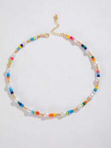 imoli 1pc  Versatile Resin Colorful Rice Bead & Pearl Beaded Necklace For Women Party Gift(Random Mixed Rice Bead Color & Quantity) - Multicolor - View 5