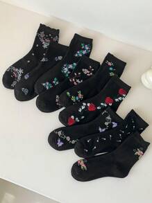 9 Pairs Women Floral Fashionable Casual Mid-Calf Socks, Suitable For Daily Wear, Fall - Multicolor - View 5