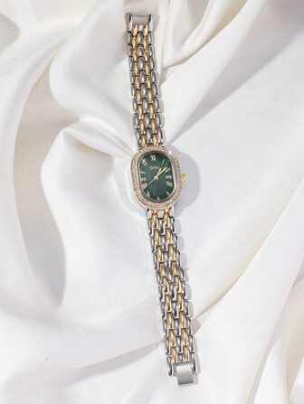 DISU 1 件女士椭圆形表盘双色不锈钢表带经典商务石英表带水钻，适合日常使用