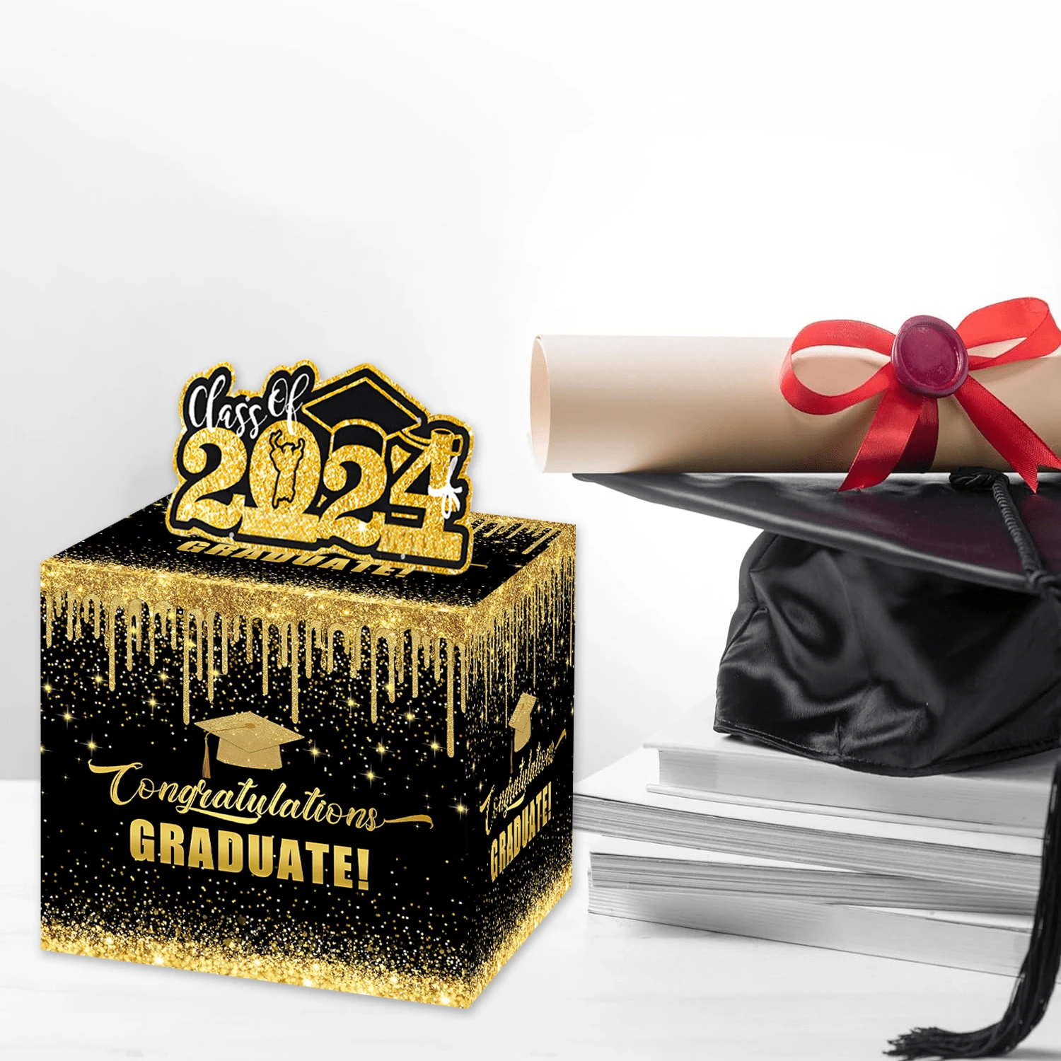 Graduation money box for cash gifts black and gold pull out surprise