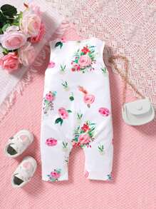 Mouwloze romper voor babymeisjes met frisse bloemenprint en ronde hals