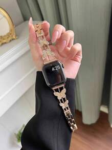 1 件女士时尚金属水晶蝴蝶表带兼容 38/40/41/42/44/45/49 毫米，奢华不锈钢表带，兼容 Series Ultra 9 8 7 SE 6 5 4 3 2 1 智能手表表带，珠宝配饰适合日常佩戴，可作为送给女友/妈妈的礼物 - 玫瑰金 - 查看 5