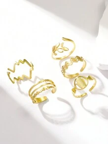 5pcs Set Vintage 18K Plated Multi-Layer Wavy Leaf & Palm Design Stainless Steel Rings, Suitable For Women's Daily Wear, Mother's Day Gift - Gold - View 2
