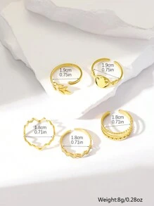 5pcs Set Vintage 18K Plated Multi-Layer Wavy Leaf & Palm Design Stainless Steel Rings, Suitable For Women's Daily Wear, Mother's Day Gift - Gold - View 3
