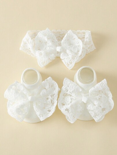 1set Summer Baby Girls Sweet White Lace Bow Headband + Bow Decor Ankle Socks