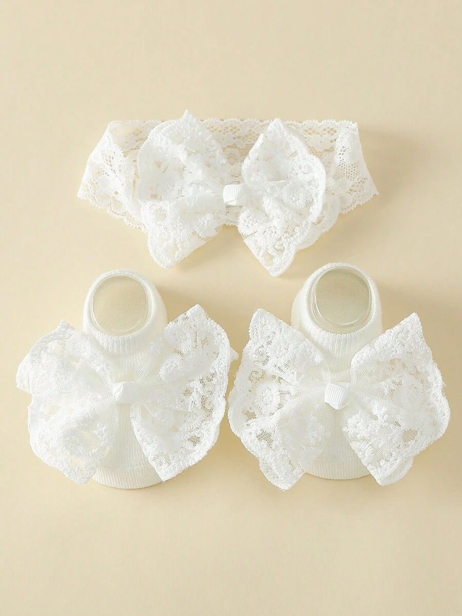 1set Summer Baby Girls Sweet White Lace Bow Headband + Bow Decor Ankle Socks