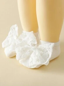 1set Summer Baby Girls Sweet White Lace Bow Headband + Bow Decor Ankle Socks