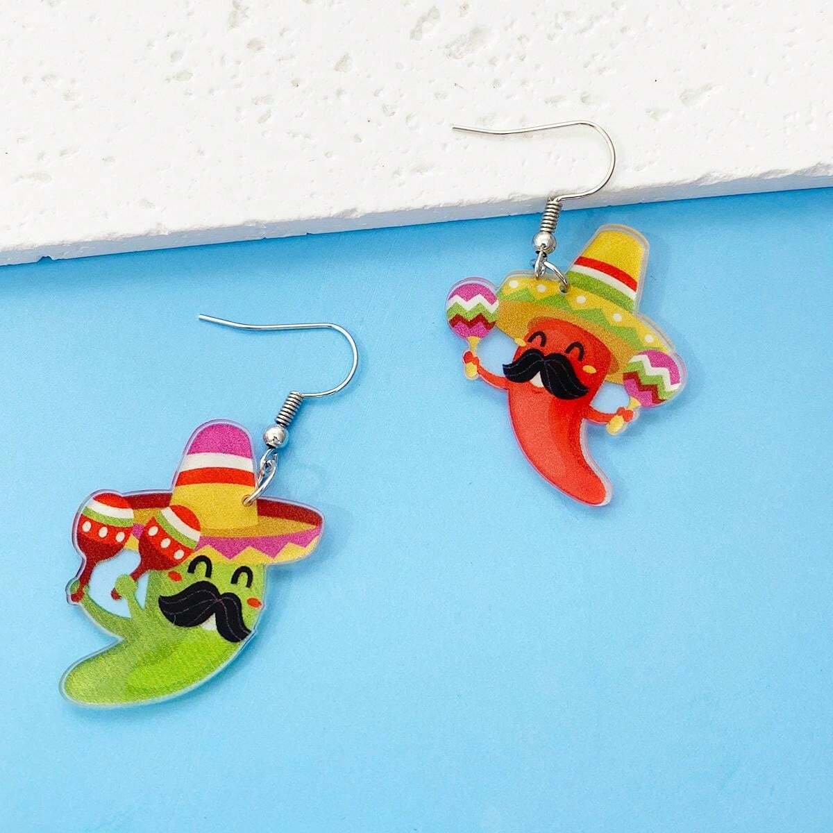Cinco De Mayo Earrings For Women - Beaded Sombrero & Chili Pepper Dangle Earrings, Mexican Theme Party Jewelry
